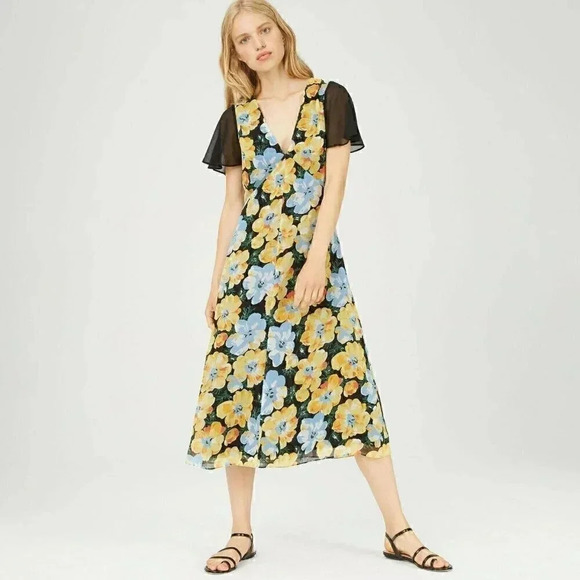Club Monaco Size 4 Black Yellow Coran Floral Flutter-Sleeve Midi Dress NEW! - Picture 1 of 11